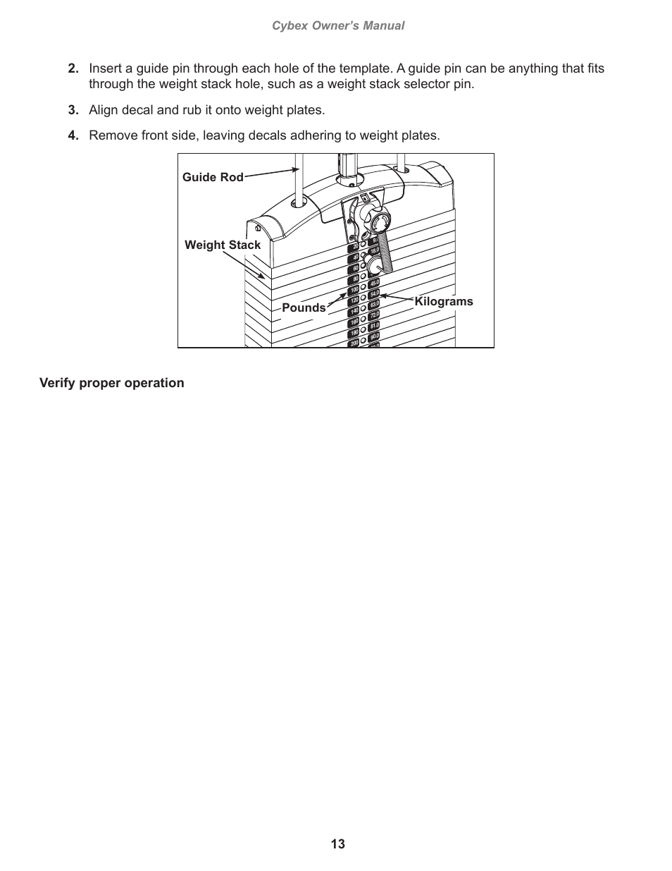 Verify proper operation, Cybex owner’s manual, Guide rod weight stack pounds kilograms | Cybex 12090 VR3 Abdominal User Manual | Page 13 / 26