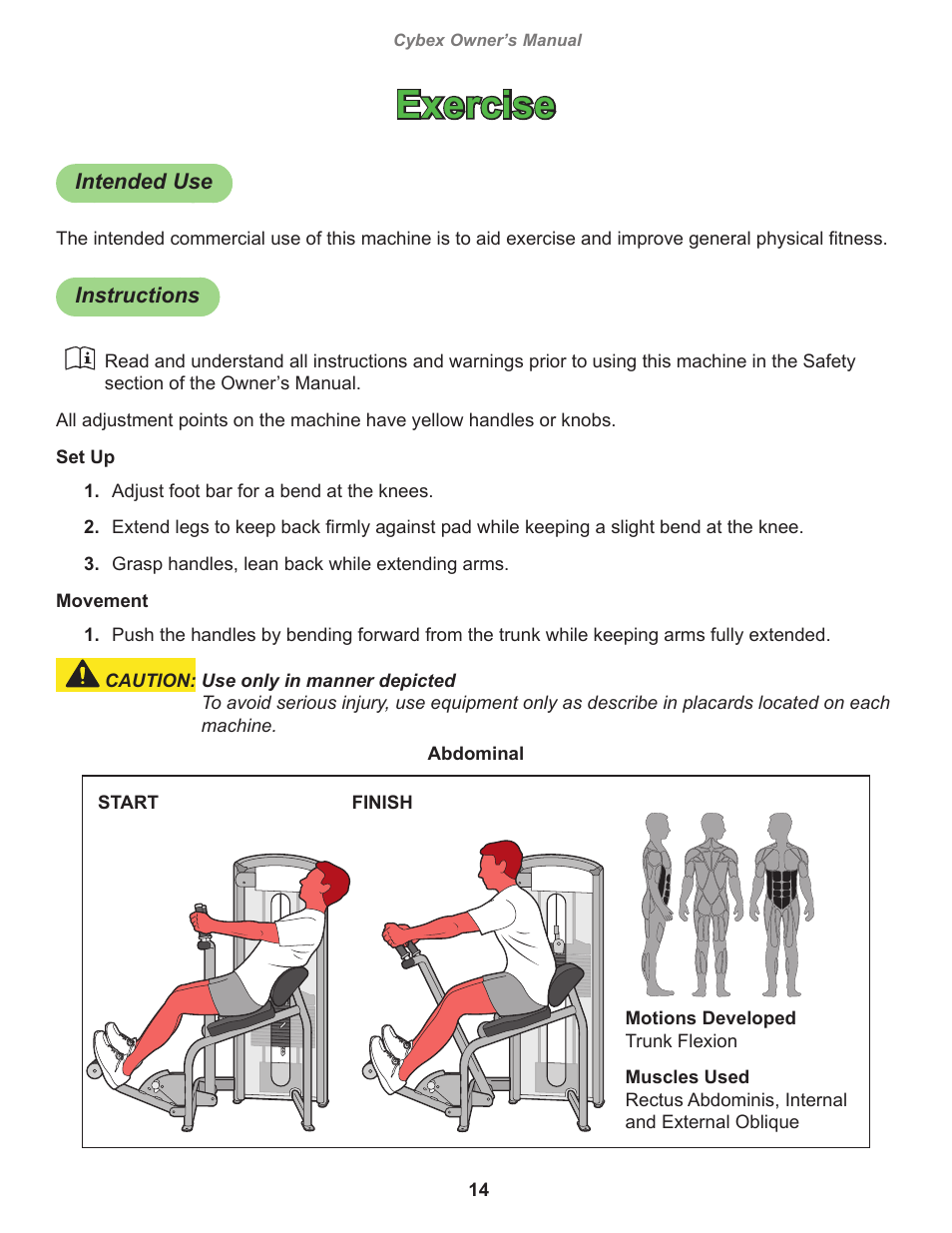 Exercise, Intended use, Instructions | Cybex 12090 VR3 Abdominal User Manual | Page 14 / 26