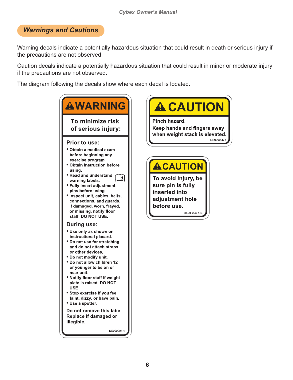 Warnings and cautions, Owatonna, Cybex owner’s manual | Cybex 12090 VR3 Abdominal User Manual | Page 6 / 26