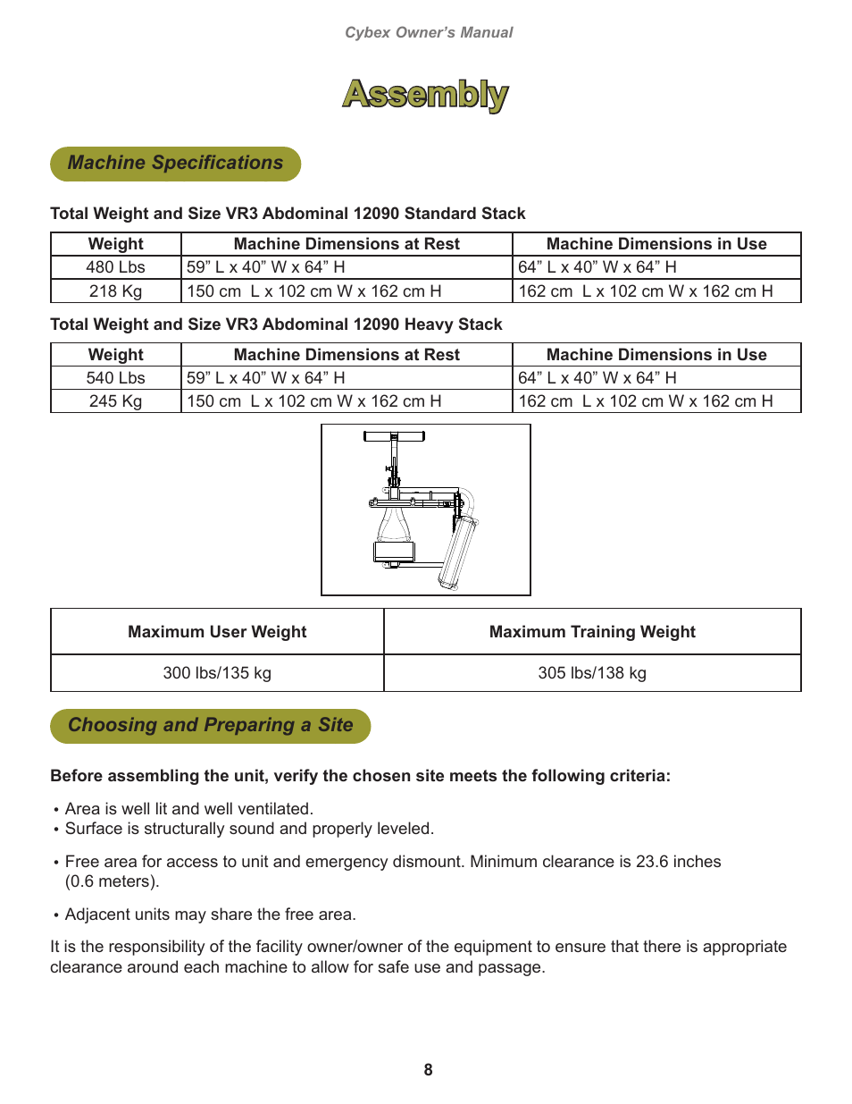Assembly, Machine specifications, Choosing and preparing a site | Cybex 12090 VR3 Abdominal User Manual | Page 8 / 26