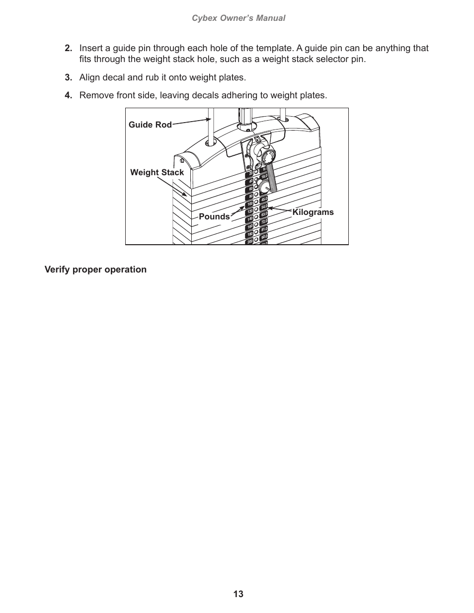 Verify proper operation, Cybex owner’s manual, Guide rod weight stack pounds kilograms | Cybex 12100 VR3 Back Extension User Manual | Page 13 / 26