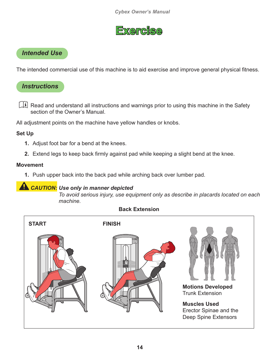 Exercise, Intended use, Instructions | Cybex 12100 VR3 Back Extension User Manual | Page 14 / 26