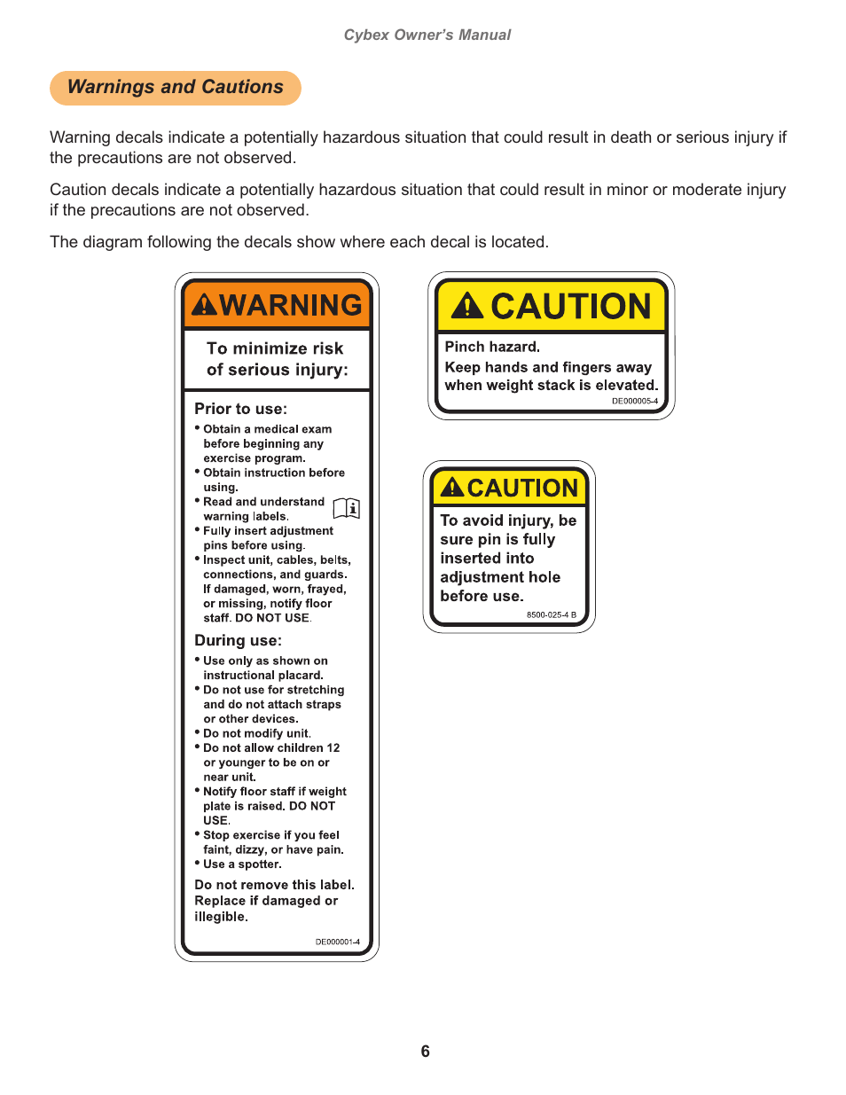 Warnings and cautions, Cybex owner’s manual, Owatonna | Cybex 12100 VR3 Back Extension User Manual | Page 6 / 26