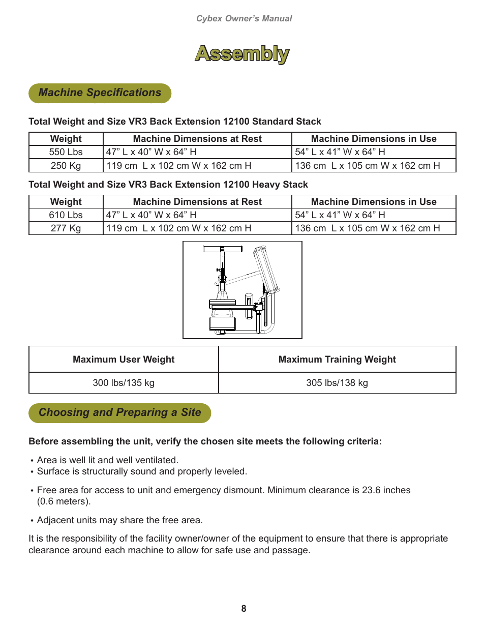 Assembly, Machine specifications, Choosing and preparing a site | Cybex 12100 VR3 Back Extension User Manual | Page 8 / 26