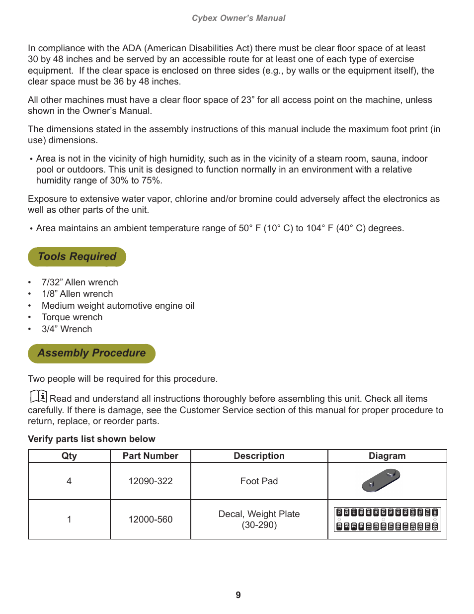 Tools required, Assembly procedure, Cybex owner’s manual | Cybex 12100 VR3 Back Extension User Manual | Page 9 / 26
