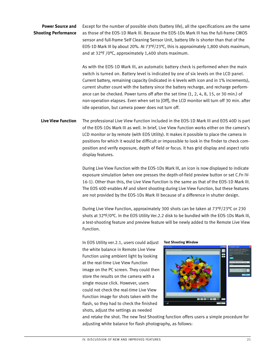 Power source and shooting performance, Live view function | Canon EOS 1Ds User Manual | Page 21 / 38