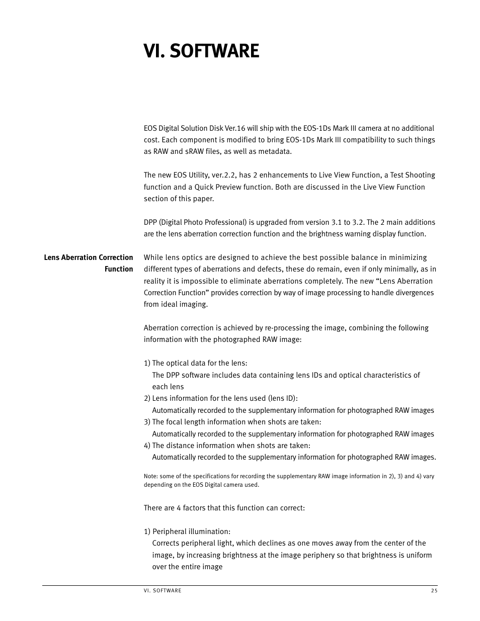 Software, Lens aberration correction function, Vi. software | Canon EOS 1Ds User Manual | Page 25 / 38