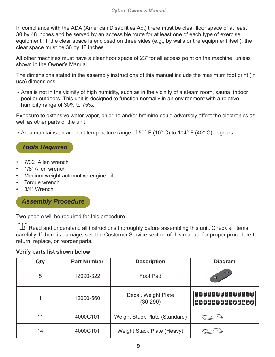 Tools required, Assembly procedure, Cybex owner’s manual | Cybex 12111 VR3 Fly User Manual | Page 9 / 26