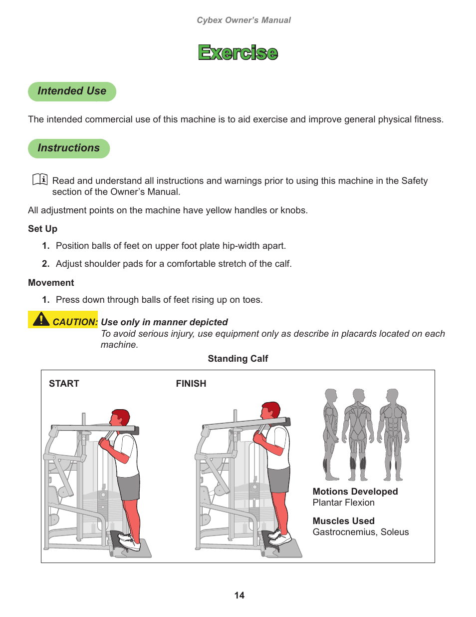 Exercise, Intended use, Instructions | Cybex 12120 VR3 Calf User Manual | Page 14 / 26