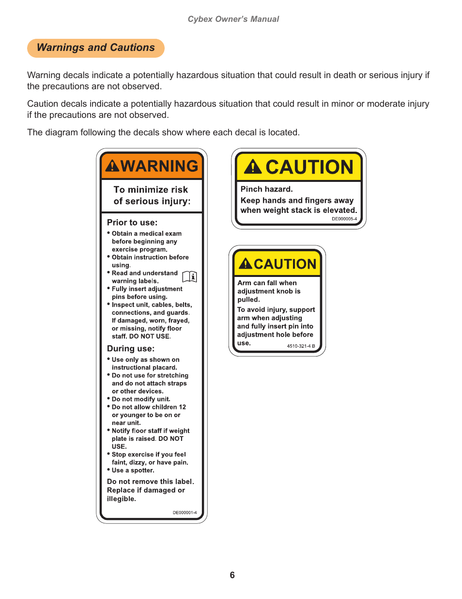 Warnings and cautions, Cybex owner’s manual, Owatonna | Cybex 12120 VR3 Calf User Manual | Page 6 / 26