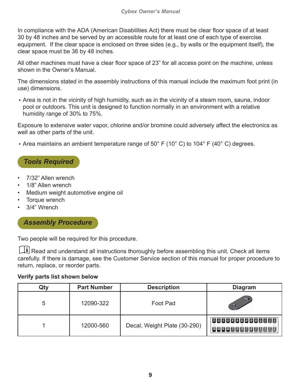 Tools required, Assembly procedure, Cybex owner’s manual | Cybex 12120 VR3 Calf User Manual | Page 9 / 26