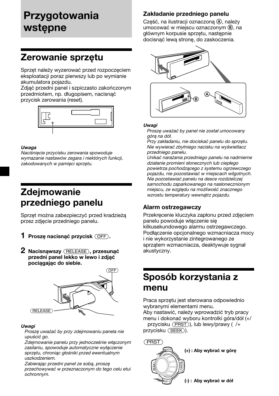 Przygotowania wstępne, Zerowanie sprzętu, Zdejmowanie przedniego panelu | Sposób korzystania z menu | Sony XR-1300R User Manual | Page 26 / 100