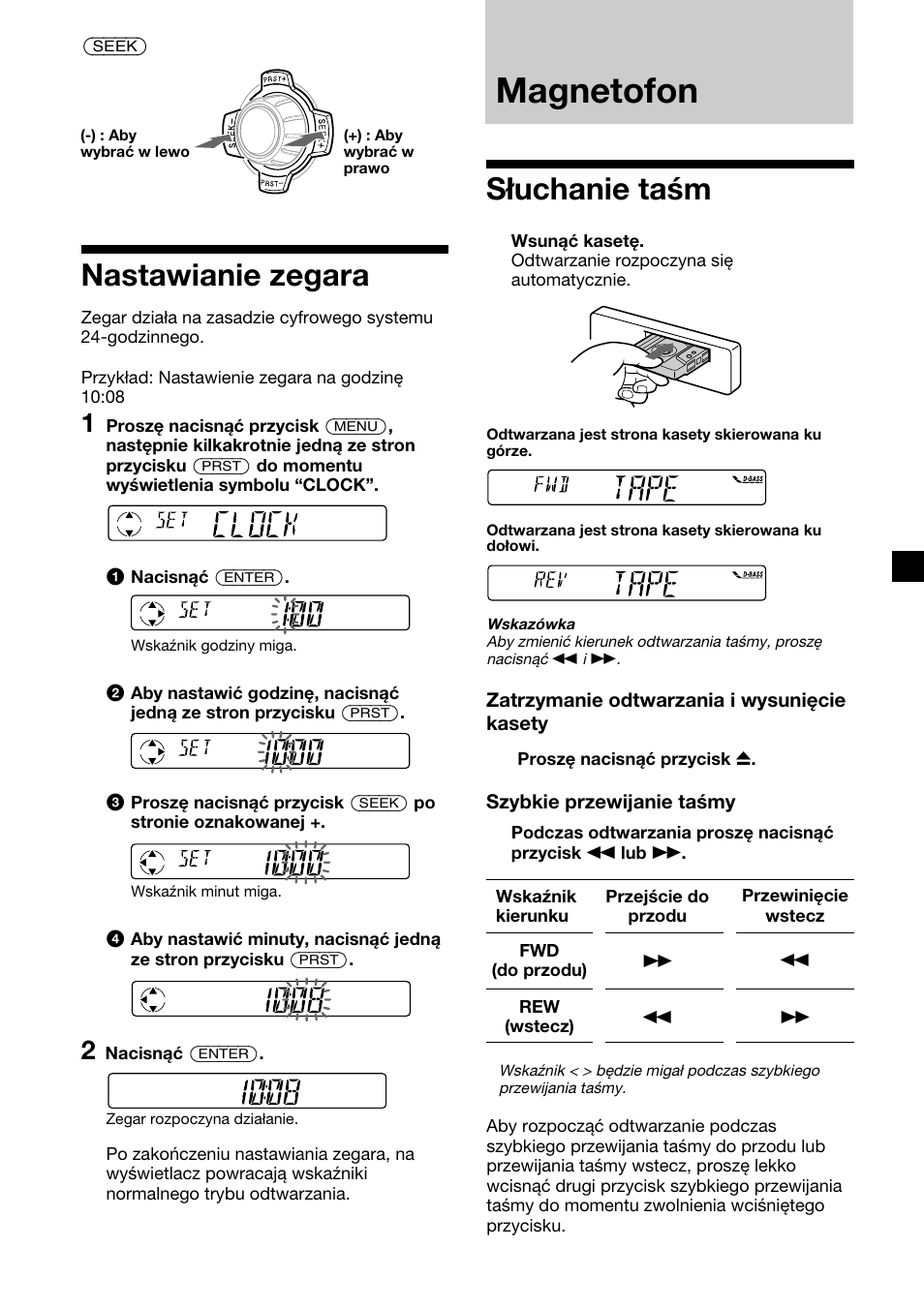 Magnetofon, Nastawianie zegara, Słuchanie taśm | Sony XR-1300R User Manual | Page 27 / 100