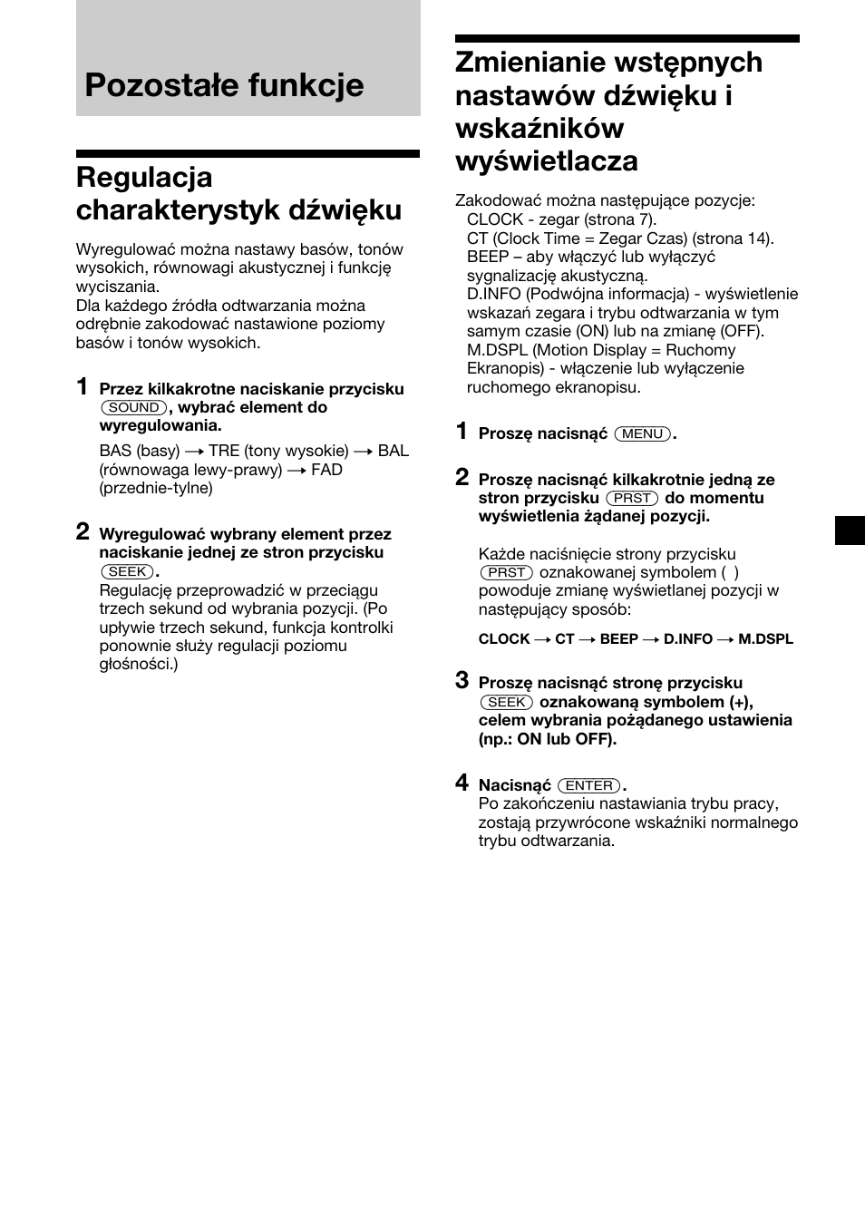 Pozostałe funkcje, Regulacja charakterystyk dźwięku | Sony XR-1300R User Manual | Page 35 / 100