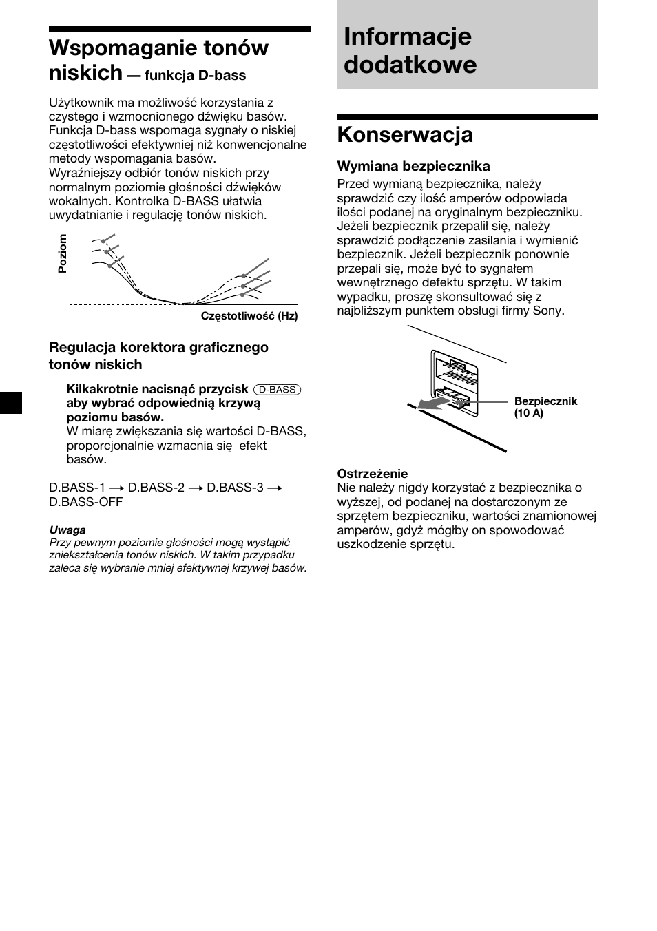 Informacje dodatkowe, Wspomaganie tonów niskich, Konserwacja | Sony XR-1300R User Manual | Page 36 / 100