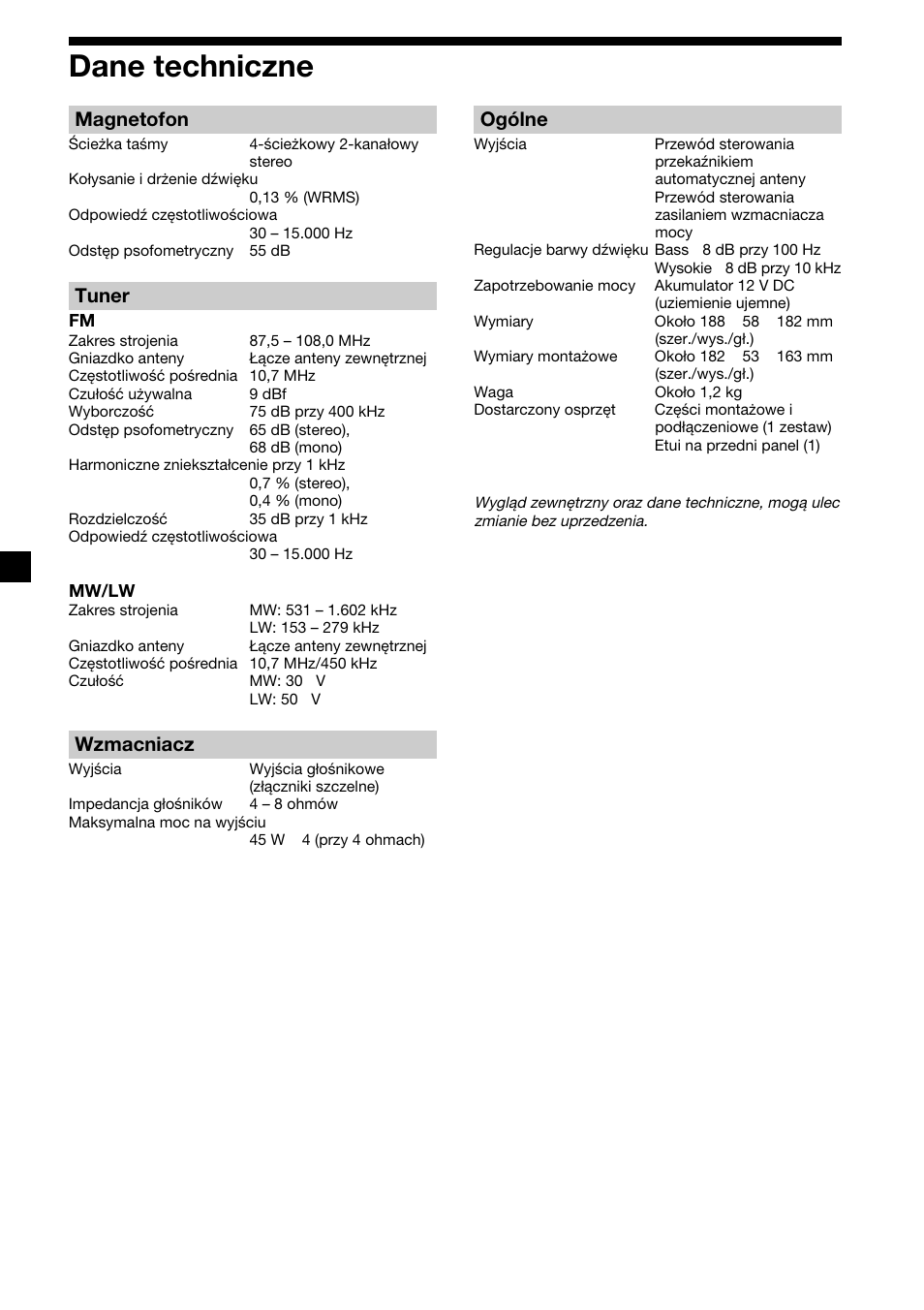 18 dane techniczne, Magnetofon, Tuner | Wzmacniacz, Ogólne | Sony XR-1300R User Manual | Page 38 / 100