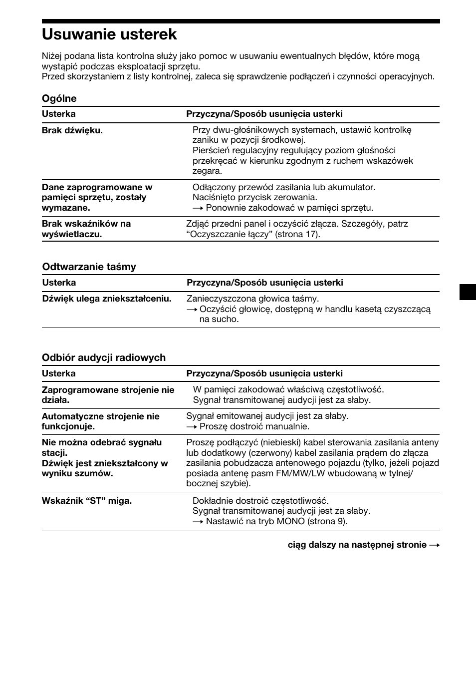 19 usuwanie usterek | Sony XR-1300R User Manual | Page 39 / 100