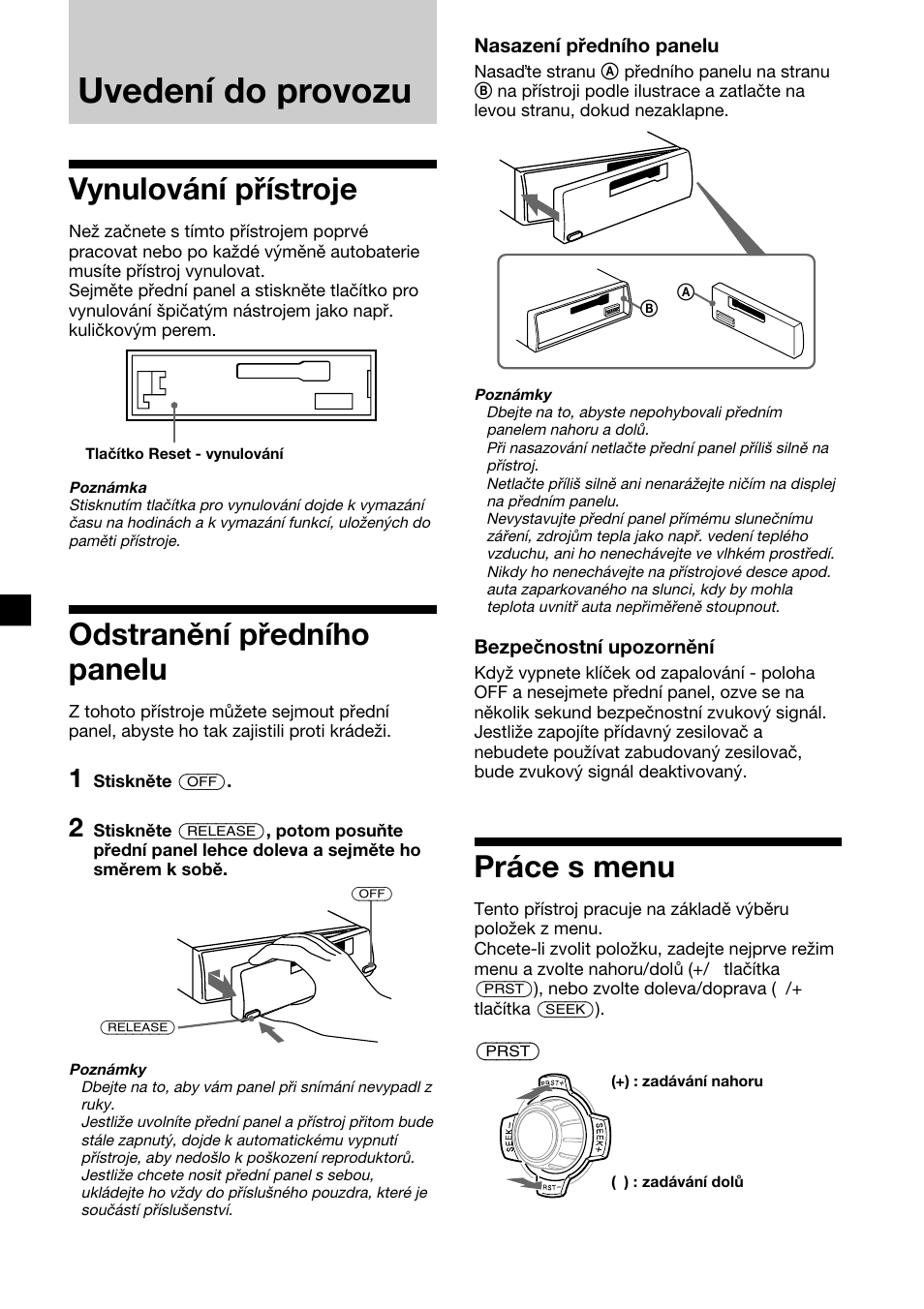 Uvedení do provozu, Vynulování přístroje, Odstranění předního panelu | Práce s menu | Sony XR-1300R User Manual | Page 46 / 100