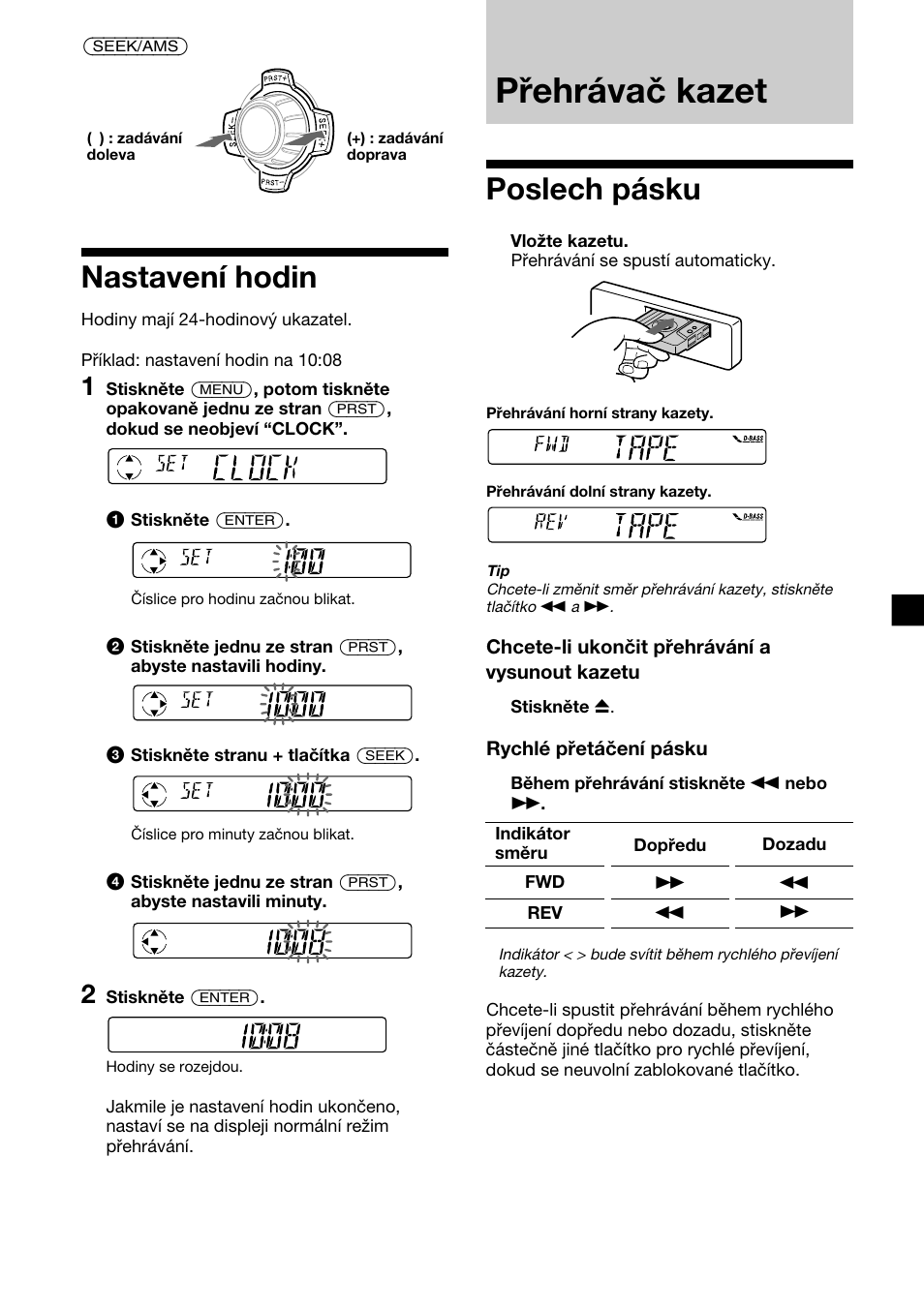 Přehrávač kazet, Nastavení hodin, Poslech pásku | Sony XR-1300R User Manual | Page 47 / 100