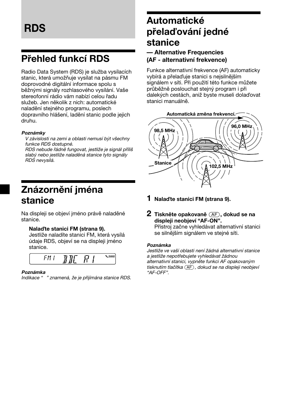 Přehled funkcí rds, Znázornění jména stanice, Automatické přela ování jedné stanice | Sony XR-1300R User Manual | Page 50 / 100