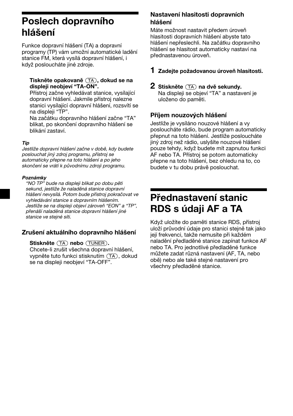 12 poslech dopravního hlášení, Přednastavení stanic rds s údaji af a ta | Sony XR-1300R User Manual | Page 52 / 100