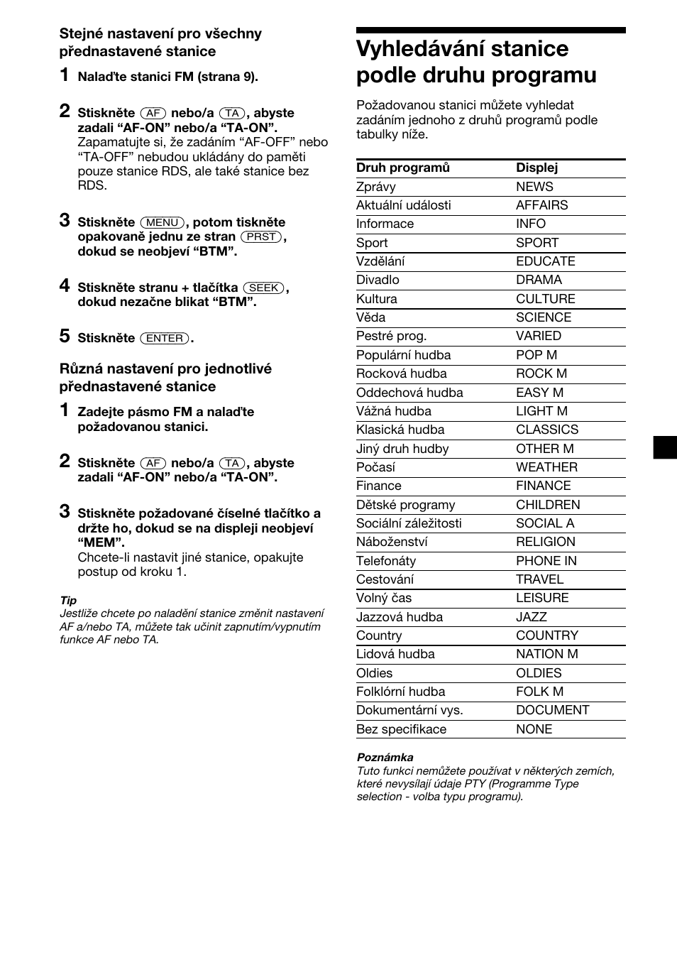 13 vyhledávání stanice podle druhu programu | Sony XR-1300R User Manual | Page 53 / 100