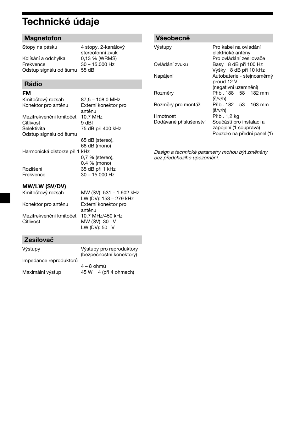 18 technické údaje, Magnetofon, Rádio | Zesilovač, Všeobecně | Sony XR-1300R User Manual | Page 58 / 100