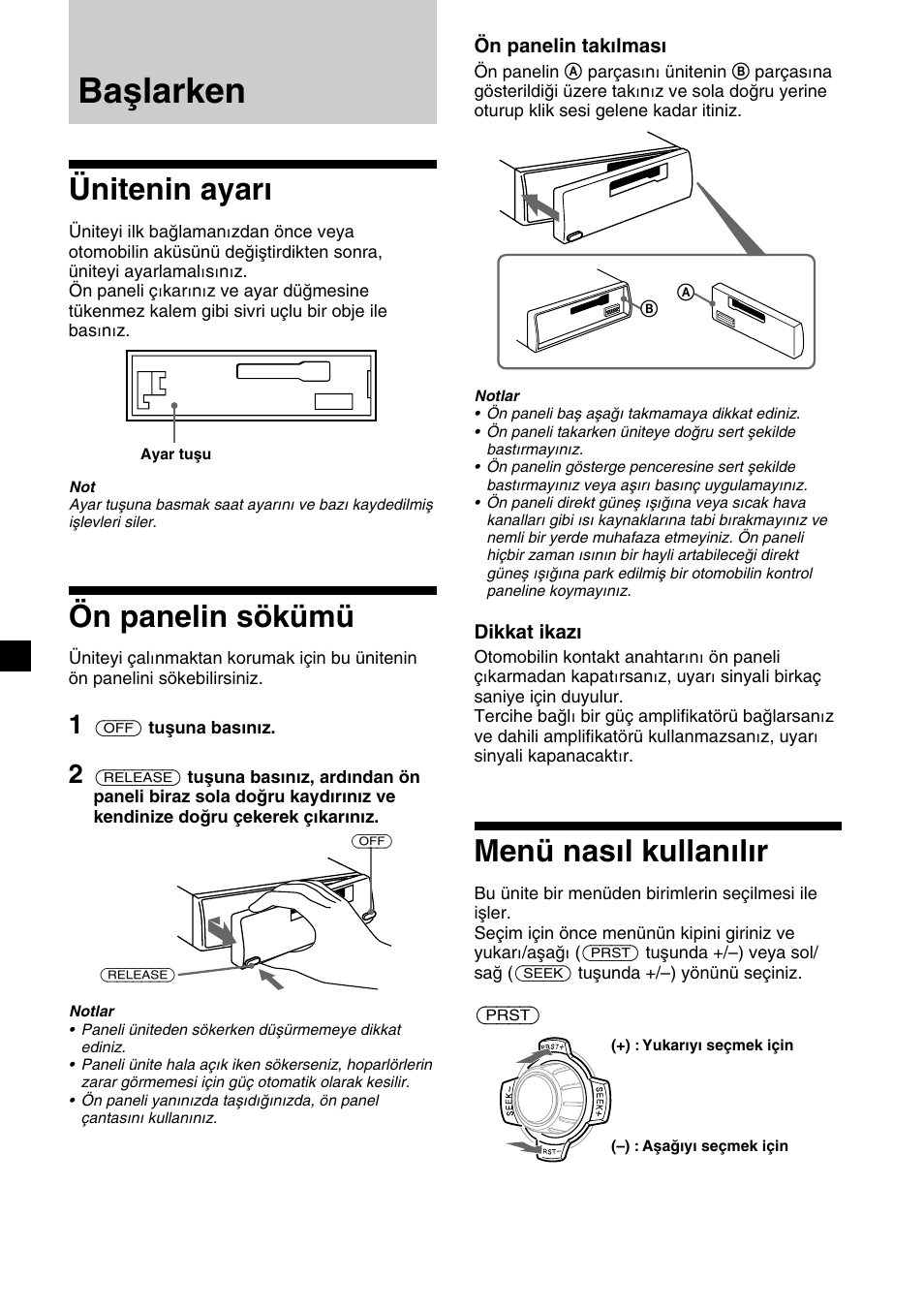 Başlarken, Ünitenin ayarı, Ön panelin sökümü | Menü nasıl kullanılır | Sony XR-1300R User Manual | Page 66 / 100