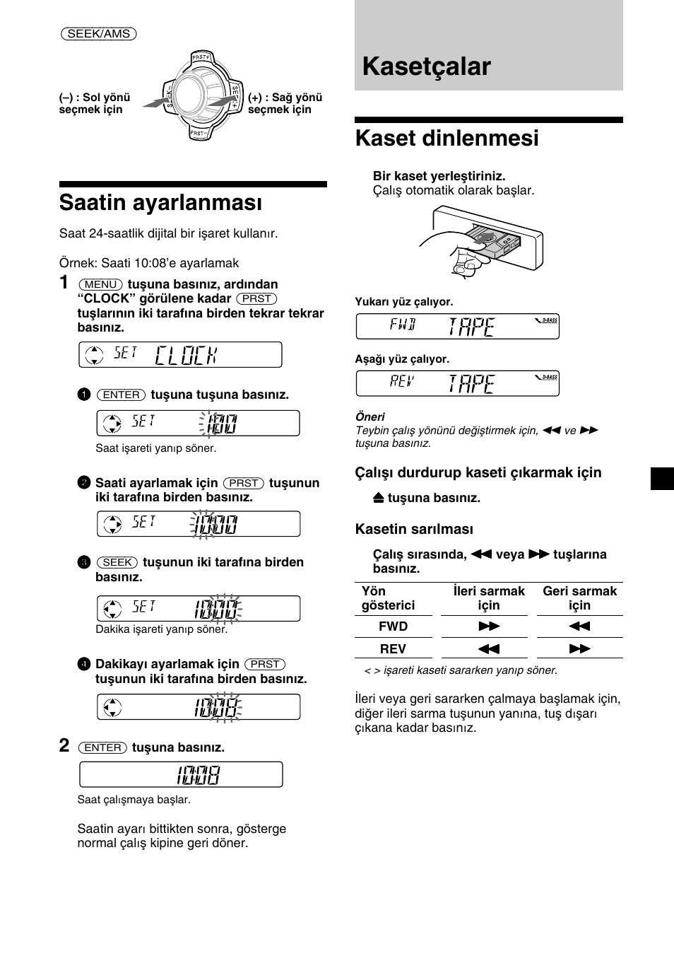 Kasetçalar, Saatin ayarlanması, Kaset dinlenmesi | Sony XR-1300R User Manual | Page 67 / 100