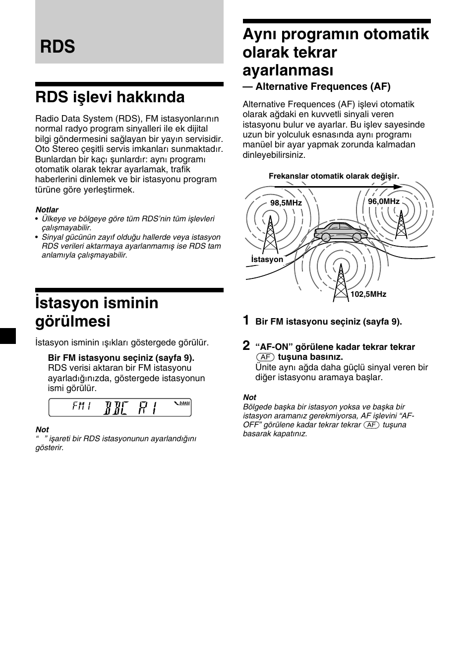 Rds işlevi hakkında, Istasyon isminin görülmesi, Aynı programın otomatik olarak tekrar ayarlanması | Sony XR-1300R User Manual | Page 70 / 100