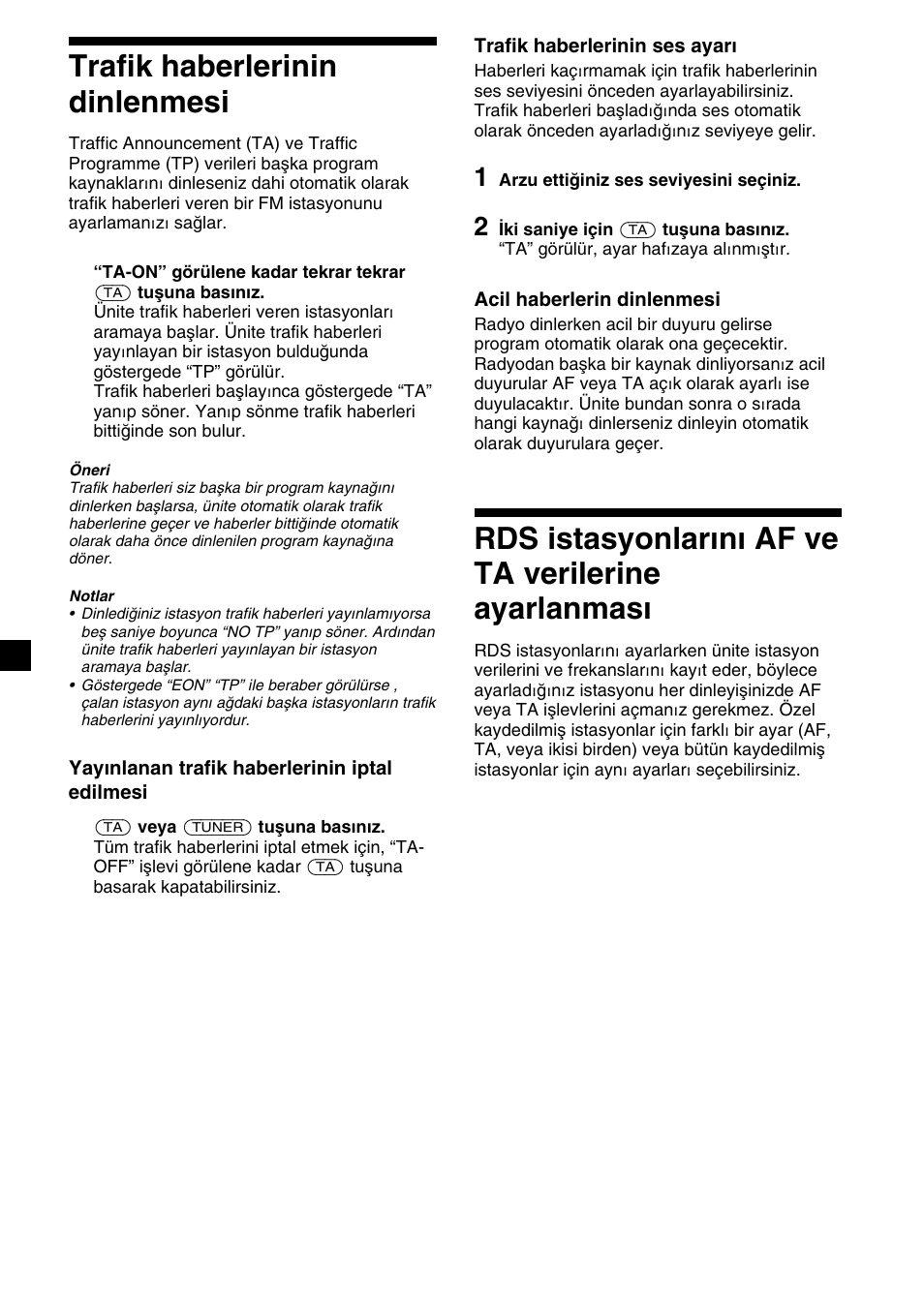 12 trafik haberlerinin dinlenmesi, Rds istasyonlarını af ve ta verilerine ayarlanması | Sony XR-1300R User Manual | Page 72 / 100