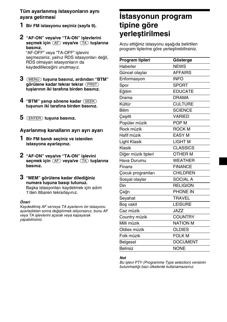 13 istasyonun program tipine göre yerleştirilmesi | Sony XR-1300R User Manual | Page 73 / 100