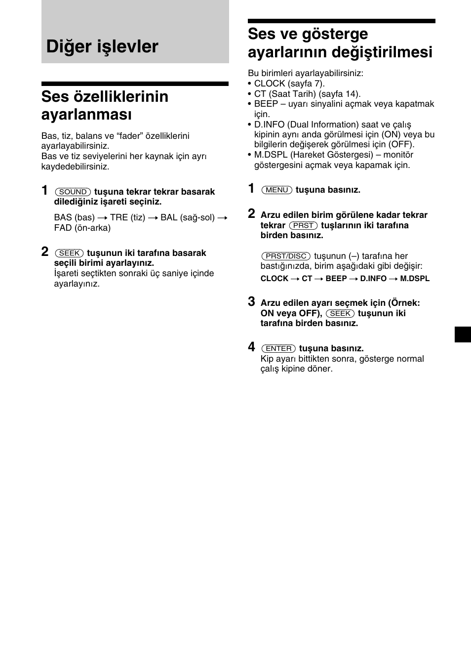 Diğer işlevler, Ses özelliklerinin ayarlanması, Ses ve gösterge ayarlarının değiştirilmesi | Sony XR-1300R User Manual | Page 75 / 100