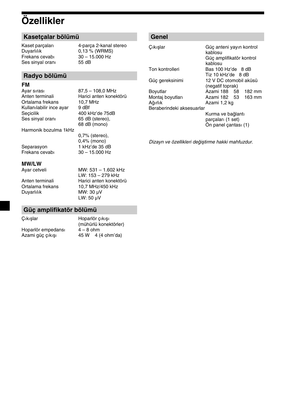 18 özellikler, Kasetçalar bölümü, Radyo bölümü | Güç amplifikatör bölümü, Genel | Sony XR-1300R User Manual | Page 78 / 100