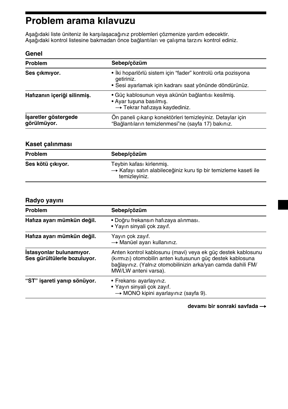 19 problem arama kılavuzu | Sony XR-1300R User Manual | Page 79 / 100