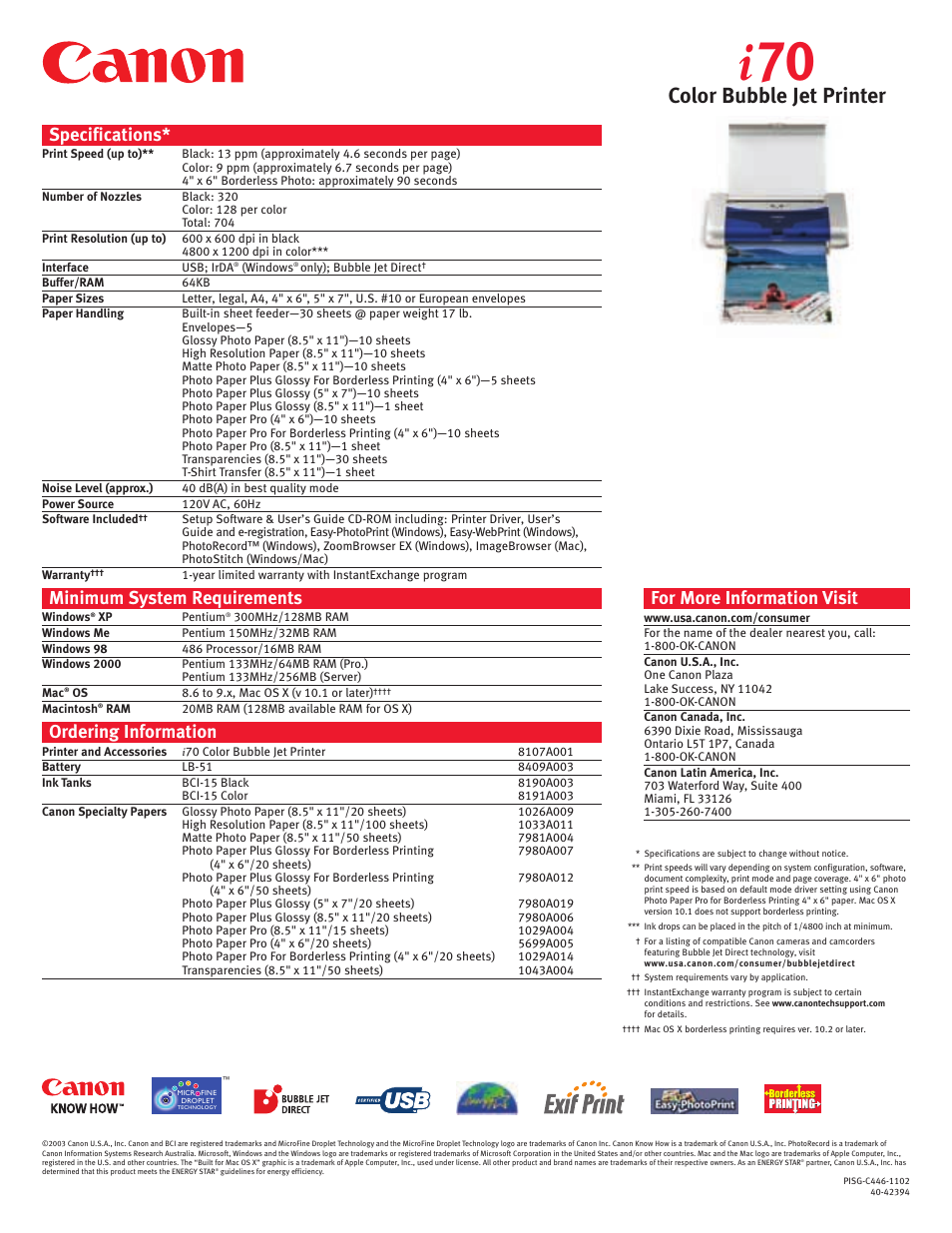 I 70, Color bubble jet printer, Specifications | Minimum system requirements, Ordering information, For more information visit | Canon i 70 User Manual | Page 2 / 2