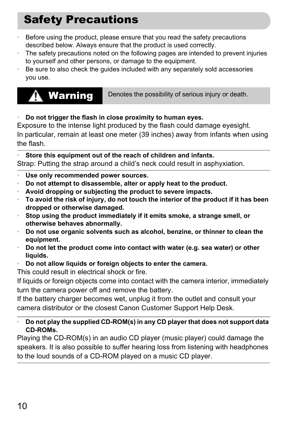 Safety precautions, Warning | Canon IXUS 1000 HS User Manual | Page 10 / 178