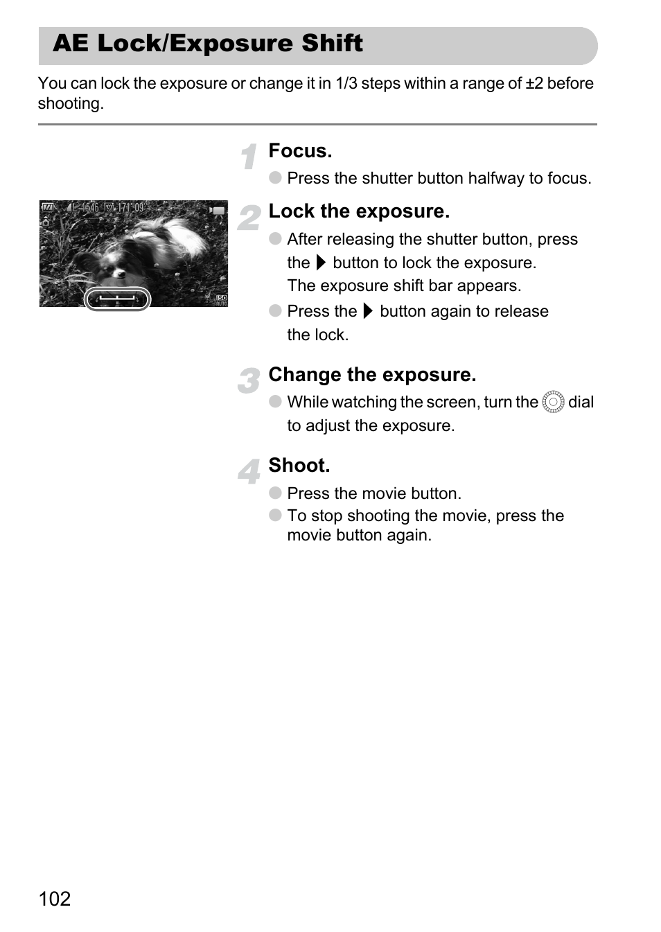 Ae lock/exposure shift | Canon IXUS 1000 HS User Manual | Page 102 / 178