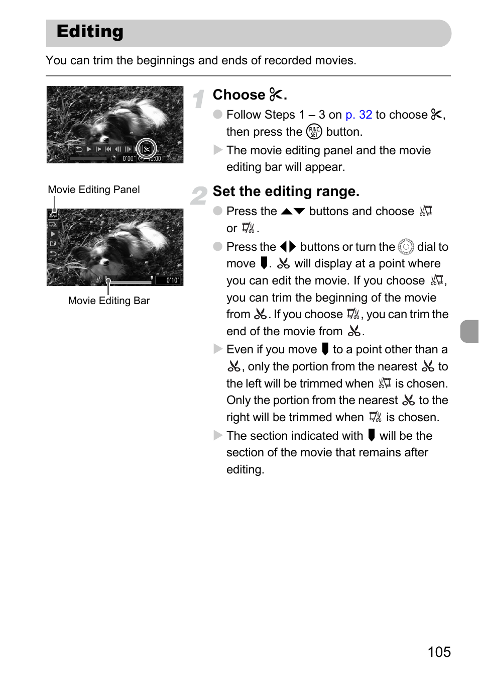 Editing, P. 105), Choose | Set the editing range | Canon IXUS 1000 HS User Manual | Page 105 / 178