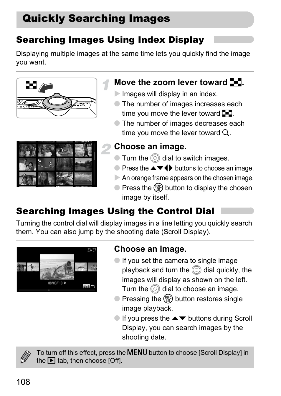 Quickly searching images, Index), Pp. 108 | P. 108), Searching images using index display, Searching images using the control dial, Move the zoom lever toward g, Choose an image | Canon IXUS 1000 HS User Manual | Page 108 / 178