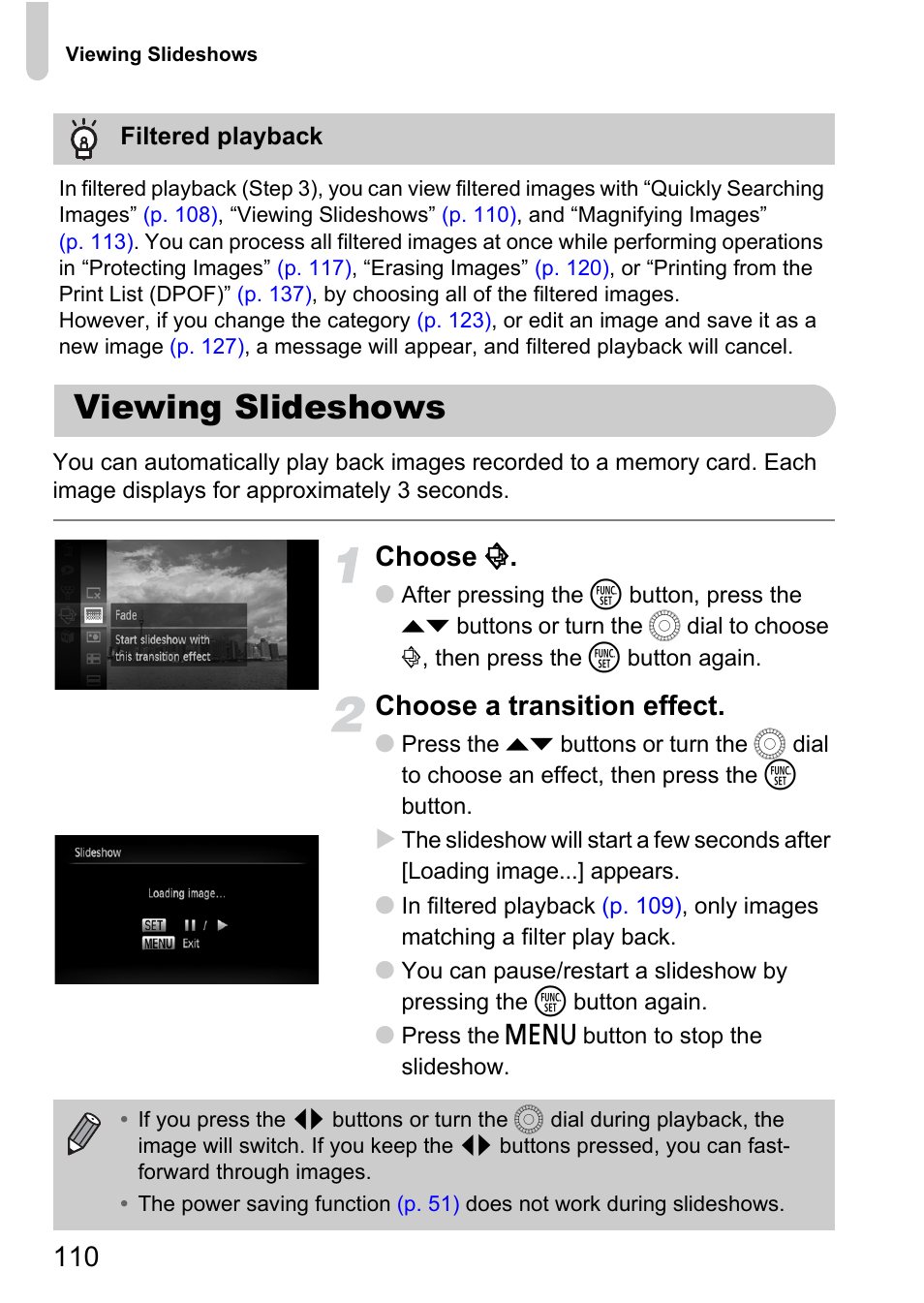 Viewing slideshows, P. 110), Choose | Choose a transition effect | Canon IXUS 1000 HS User Manual | Page 110 / 178