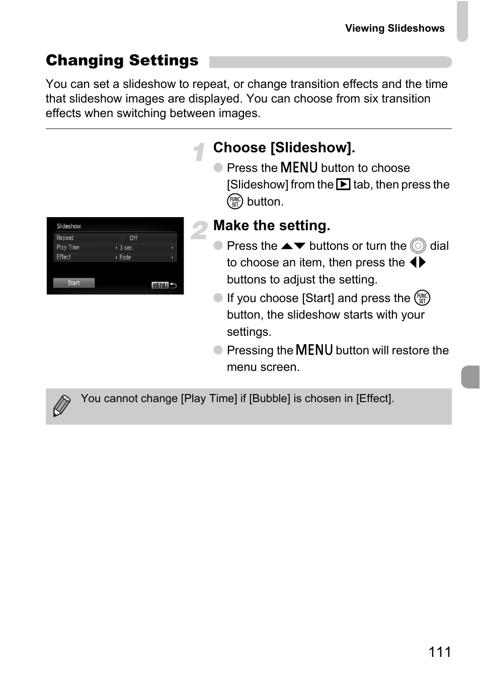 Changing settings, Choose [slideshow, Make the setting | Canon IXUS 1000 HS User Manual | Page 111 / 178