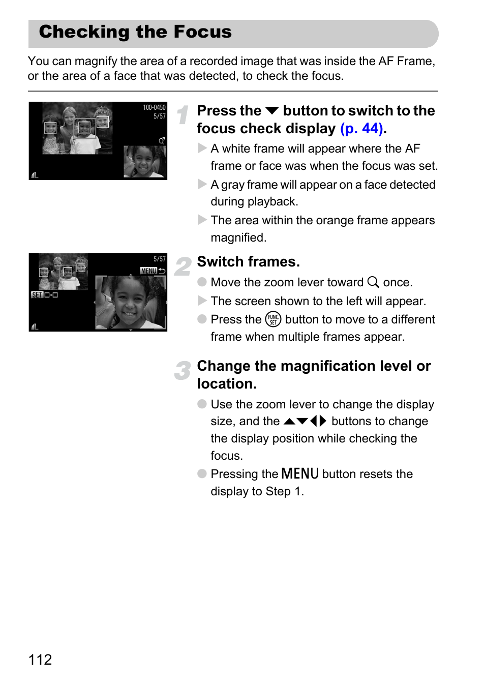 Checking the focus, Display, P. 112) | Canon IXUS 1000 HS User Manual | Page 112 / 178