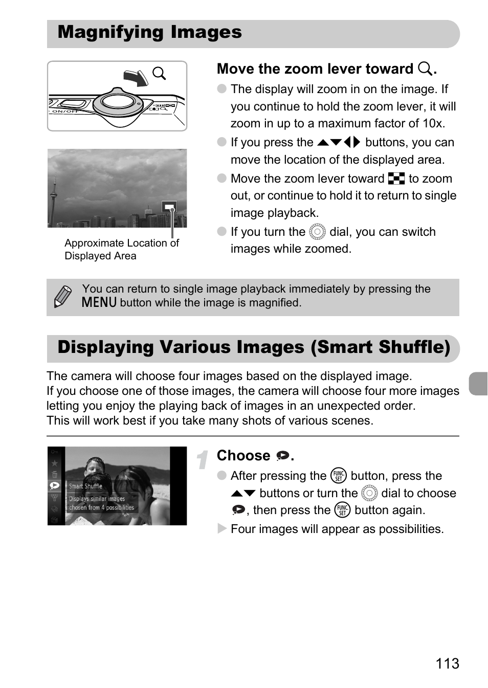 Magnifying images, Displaying various images (smart shuffle), P. 113) | 113 move the zoom lever toward k, Choose | Canon IXUS 1000 HS User Manual | Page 113 / 178