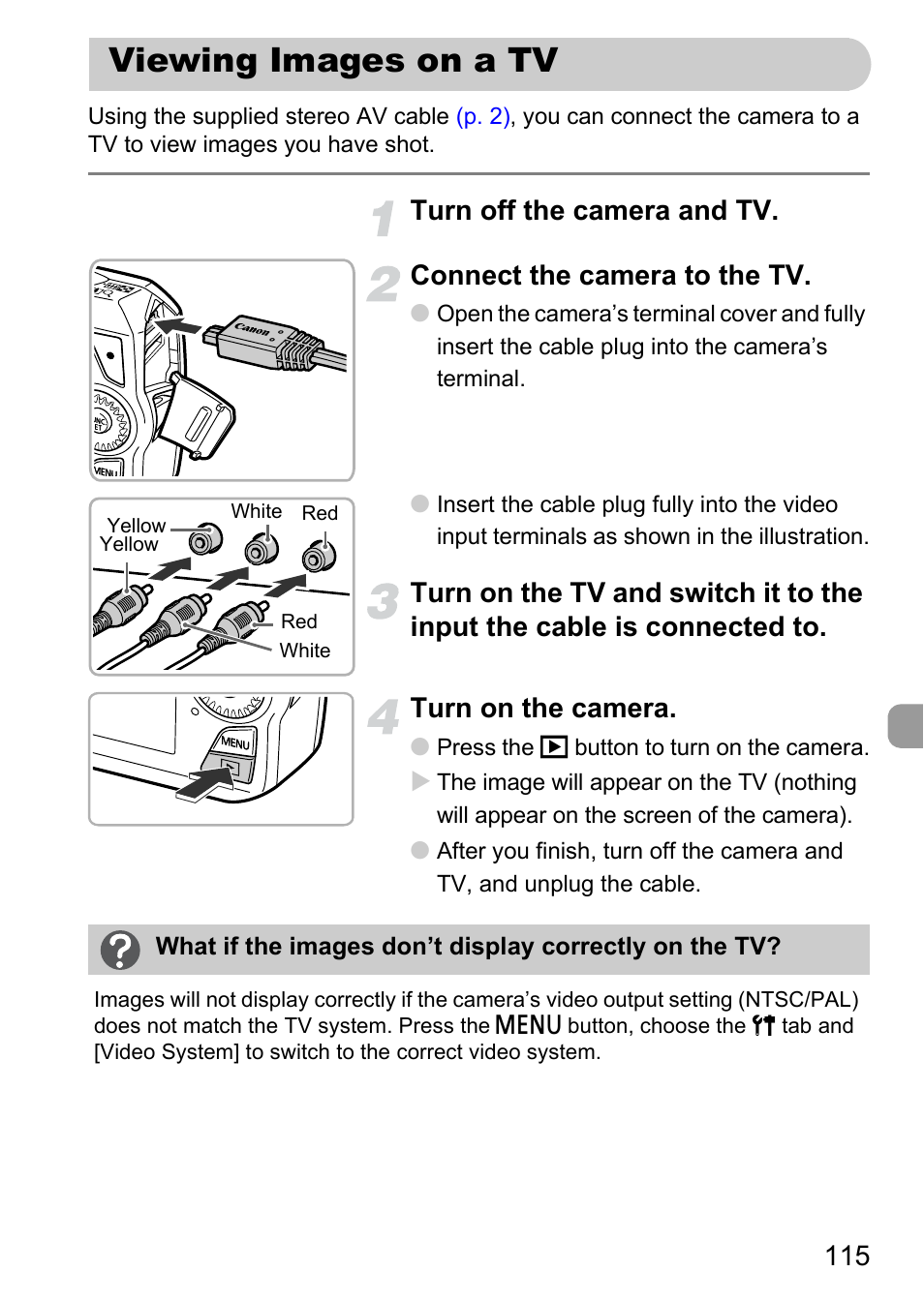 Viewing images on a tv, P. 115) | Canon IXUS 1000 HS User Manual | Page 115 / 178