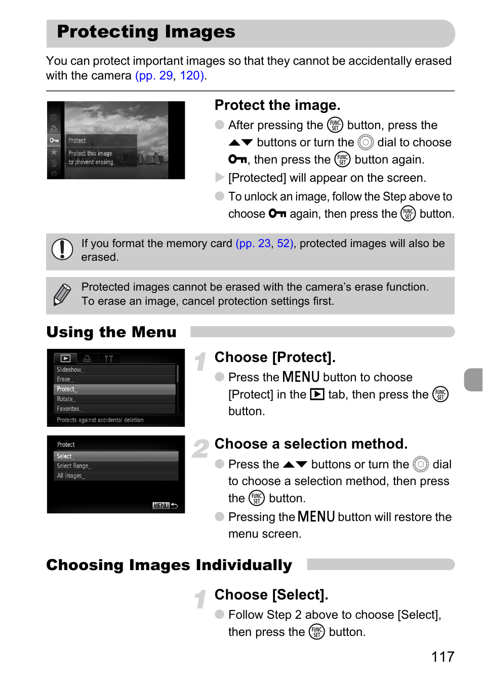 Protecting images, P. 117), Using the menu | Choosing images individually, Protect the image, Choose [protect, Choose a selection method, Choose [select | Canon IXUS 1000 HS User Manual | Page 117 / 178