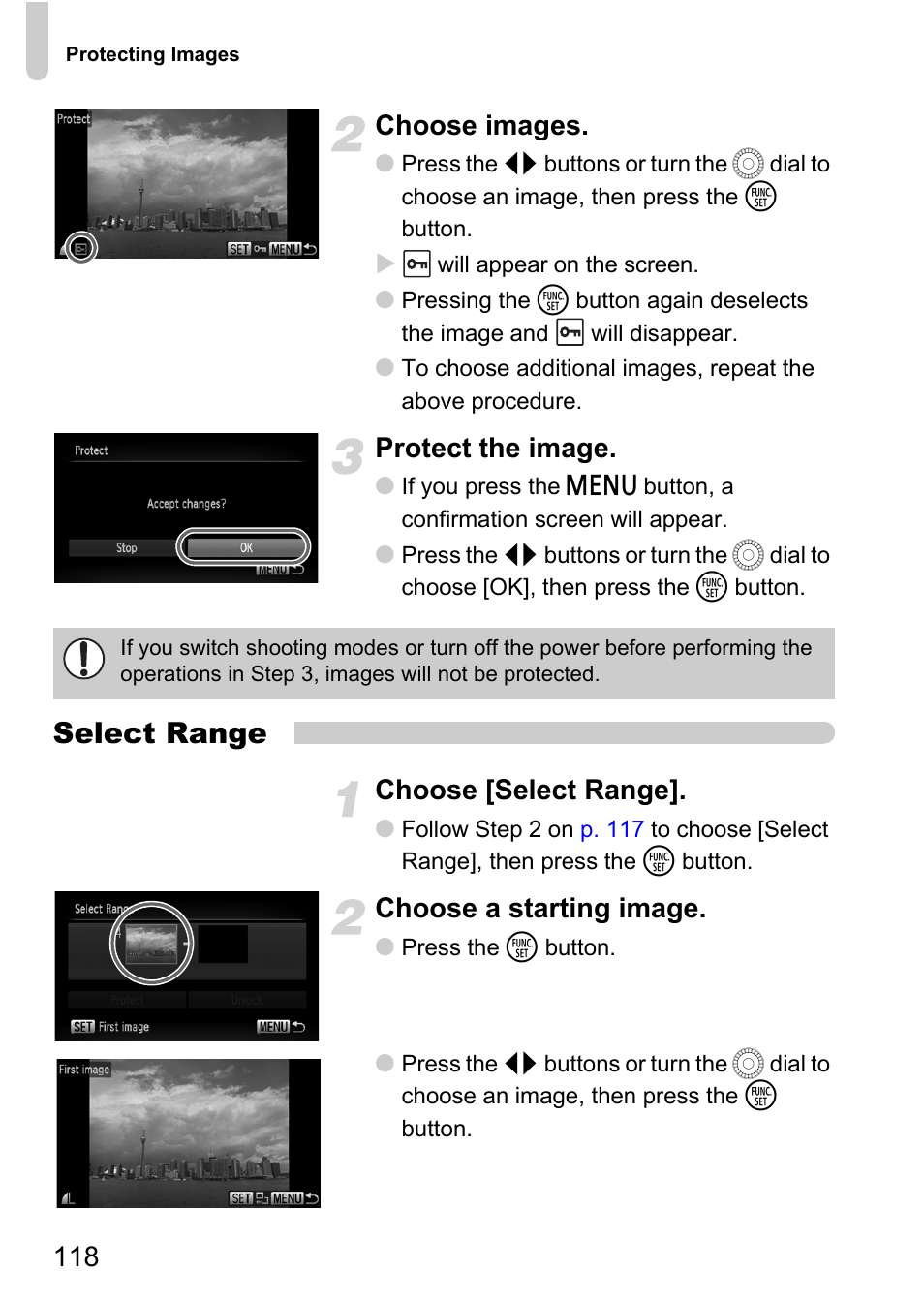 Select range, 118 choose images, Protect the image | Choose [select range, Choose a starting image | Canon IXUS 1000 HS User Manual | Page 118 / 178