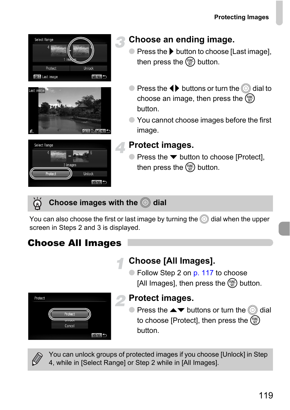 Choose all images, 119 choose an ending image, Protect images | Choose [all images | Canon IXUS 1000 HS User Manual | Page 119 / 178