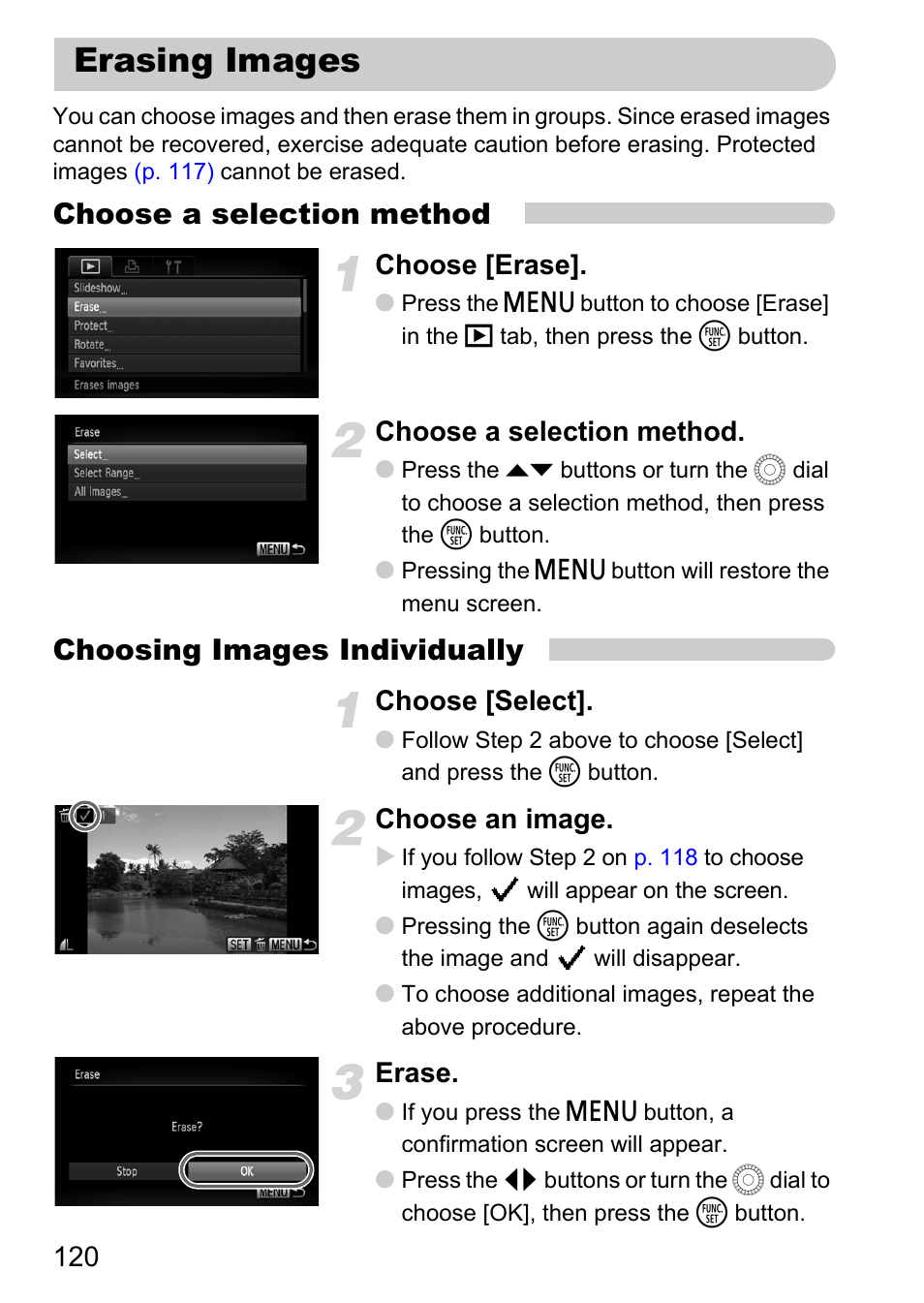 Erasing images, Ages, P. 120) | Choose a selection method, Choosing images individually, Choose [erase, Choose [select, Choose an image, Erase | Canon IXUS 1000 HS User Manual | Page 120 / 178