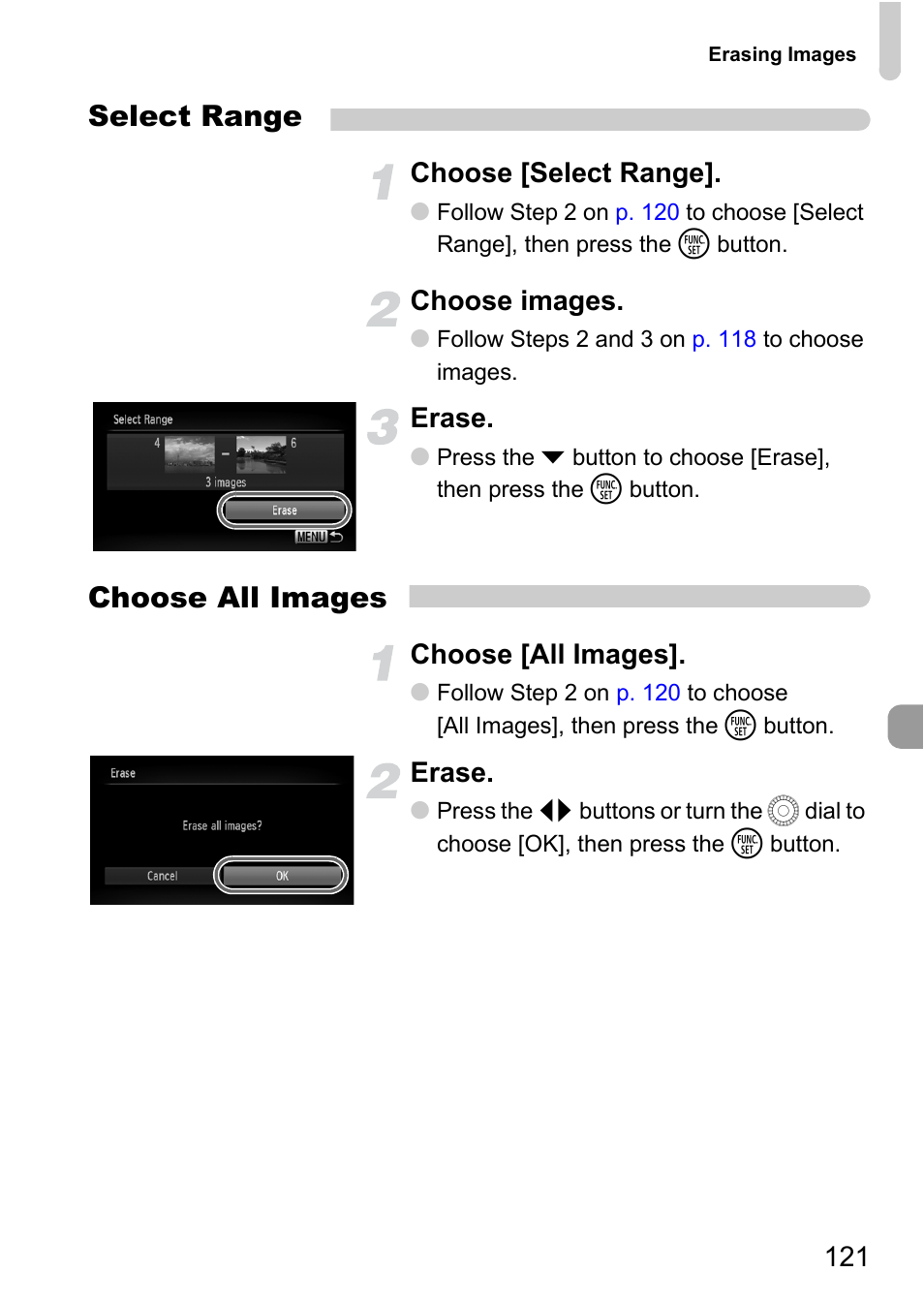 Select range, Choose all images, Choose [select range | Choose images, Erase, Choose [all images | Canon IXUS 1000 HS User Manual | Page 121 / 178